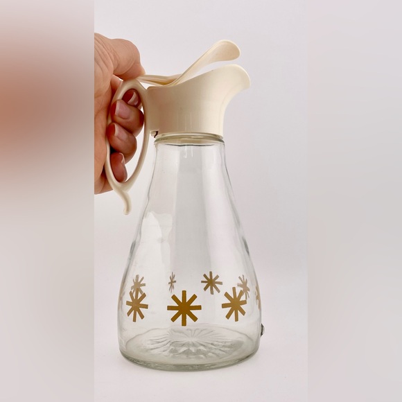 Vintage, Log Cabin Syrup Dispenser Clear Glass Gold with Atomic Starburst - Picture 9 of 9